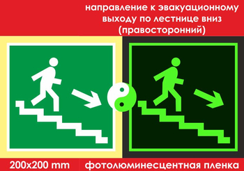 E13 направление к эвакуационному выходу по лестнице вниз (правосторонний) (ГОСТ 34428-2018, фотолюминесцентная пленка, 200х200 мм) - Знаки безопасности - Фотолюминесцентные знаки - Магазин охраны труда и техники безопасности stroiplakat.ru