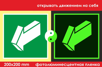 E19 открывать движением на себя (фотолюминесцентная пленка, 200х200 мм) - Знаки безопасности - Фотолюминесцентные знаки - Магазин охраны труда и техники безопасности stroiplakat.ru